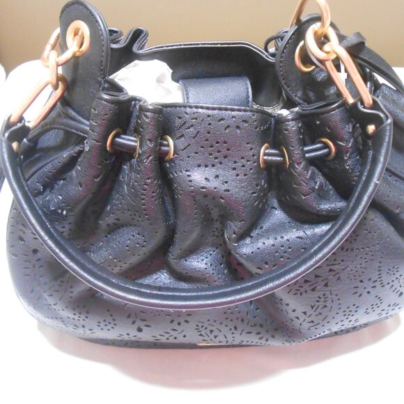 NEW BLK JESSICA SIMPSON HOLLIS HOBO FAUX LEATHER PURSE BAG GOLD BUTTERFLY CHARM - Picture 11 of 15